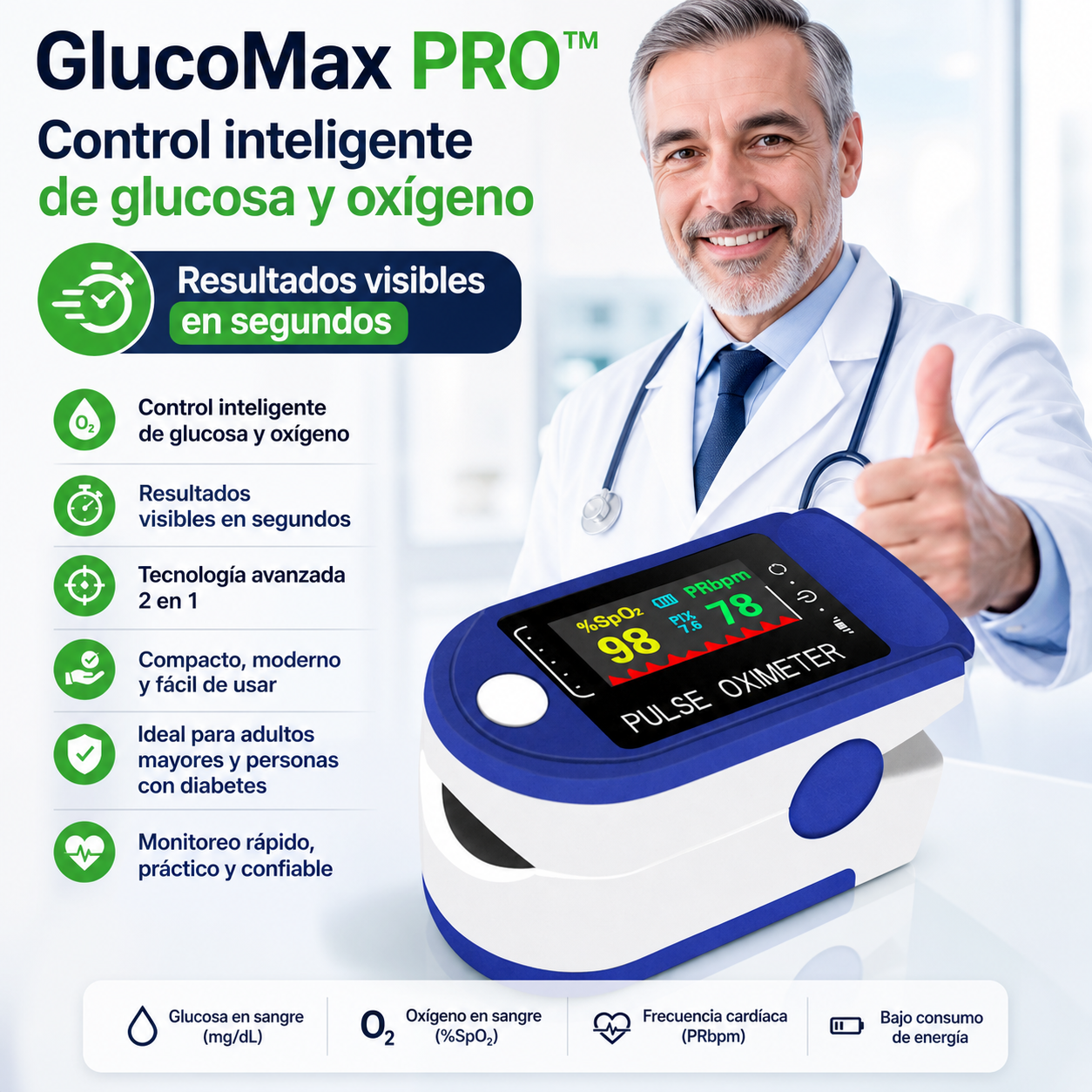 GLUCOMAX PRO™ - Oxímetro de Saturación de Alta Precisión Tecnología 2 en 1